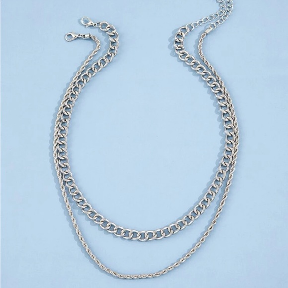 2 Piece Double Layered Dainty Silver Chain Link Necklace New - Picture 2 of 5